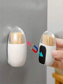 1pc Wall-Mounted Magnetic Toothpick Holder - Fashionable White, PP Material Resistant To Stains, Suitable For Kitchen And Dining Room Storage