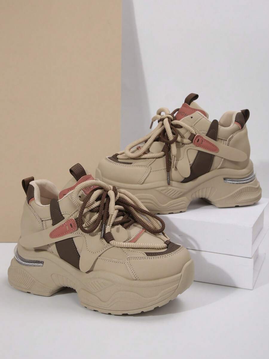 White Hidden Wedge Sneakers For Women, Versatile Casual Platform Shoes - Brown - View 1