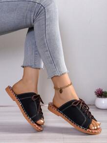 Summer Denim Black Plain Flat Lace-Up Open Toe Women Slippers, Sewing Non-Slip Casual Versatile Ladies Sandals