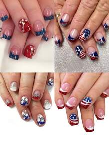 96 pièces Ongles courts, Faux Ongles Carrés, Ongles Français Bleus, Motif Étoile, Ongles Pression Y2k, Faux Ongles Mignons, Fournitures pour Ongles, Salon de Manucure, Ongles, Convient pour le Jour de l'Indépendance pour les Femmes et les Filles