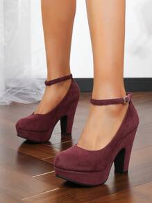 女士勃艮第粗跟玛丽珍鞋，2025 春夏一脚蹬皮革工作鞋，防滑，加大码，休闲办公室通勤高跟鞋 - 酒紅色 - 查看 4