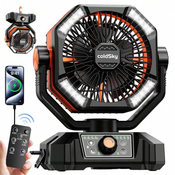 coldSky Ventilador a batería con 4 linternas LED, ventilador de camping de 20000 mAh con motor dual, ventilador de escritorio de 8 velocidades con control remoto, ventilador portátil para exteriores con gancho para tiendas de campaña, cortes de energía, sitios de construcción