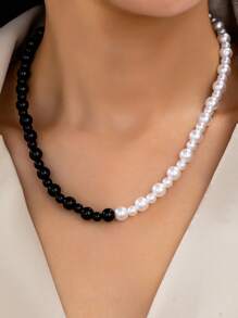 1 件新款设计简约双色珍珠链项链，朋克摇滚风格女式颈链