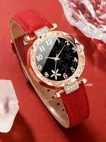 3pcs/Set Women's Red Leather Band Quartz Watch, Fashionable And Elegant, Matching Red Wallet And Glasses, Suitable For Dates And Outings, Also Can Be Given As A Gift - Red - View 2