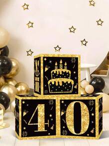 3 pièces Boîtes en papier noires et dorées, décoration de fête d'anniversaire 18e/30e/40e/50e/60e/70e/75e/80e, fournitures pour fête de 40/50/60 ans, décorations de fête d'anniversaire, boîtes décoratives pour fond de fête à la maison, décoration de fond de fête, accessoires photo, boîtes d'emballage cadeau