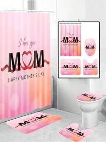 1/4pcs Mother's Day Floral, Heart, Letter Print Waterproof Bathroom Curtain Set With 12 Hooks, Includes Shower Curtain, Toilet Mat, U-Shaped Mat, Modern Bathroom Decor, Washable Polyester, Suitable For Hotel, Apartment, Home