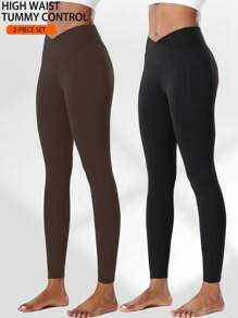 2 stuks V-taille getailleerde taille yogabroek met zijzakken, hoge taille compressietights leggings voor vrouwen, vochtafvoerend, geschikt voor hardlopen, workout, pilates, casual wear