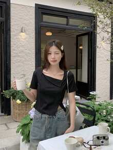 Women Asymmetrical Square Neck Split Shoulder Summer Blouse