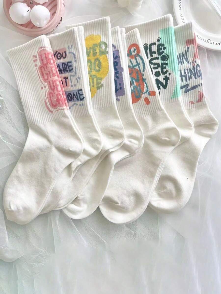 1/7 Calcetines de media pantorrilla de doble capa, calcetines largos casuales y lindos para mujeres y estudiantes con diseño de graffiti artístico, versátiles para todo el año y de talla promedio - Multicolor - Ver 1