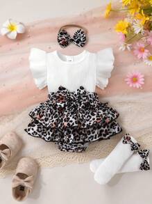 2-delars set Casual Elegant Söt Söt Babyflicka Höstoutfit, Mjuk & Bekväm, Leopardmönstrad Layered Volang Rosettklänning, Med Pannband Och Strumpor - Multifärgad - Visa 1