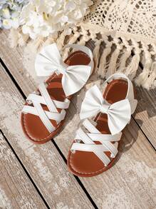 Girls Flat Sandals With Striped Woven Strap & Bow Decor, Lightweight Anti-Slip Comfortable Fashionable For Outdoor Play, Home, Beach, Vacation - White - View 5