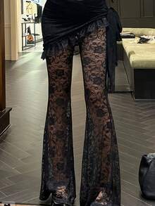 Gothic Style Asymmetrical Lace Hollow Out Slim Fit Wide Leg Pants, Fashionable, Comfortable, Casual For Holiday, Party