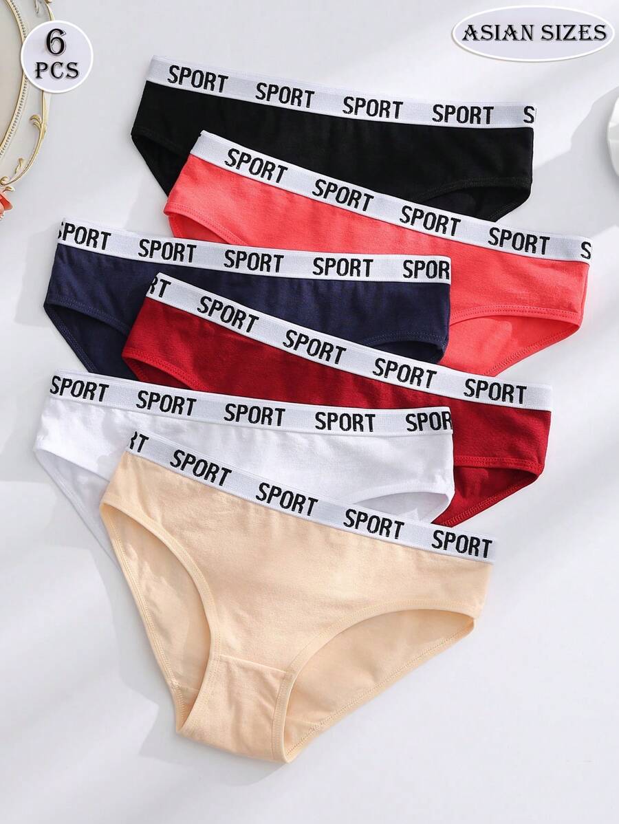 6pcs/Pack Mid-Waist Solid Color Women's Comfortable Sweet Cute Candy Color Letter Print Panties, Basic Black & White Underwear - Multicolor - View 1