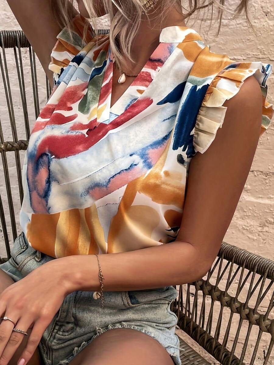 Camicia casual da donna con scollo a V, maniche a campana e stampa all-over - Multicolore - Visualizzare 1