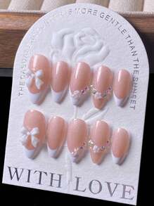10 piezas de uñas postizas decorativas con manicura francesa de almendra, degradado de brillo blanco y decoración de mariposa, elegantes y sencillas, de moda y aptas para el trabajo