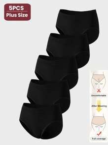 5pcs/Pack Women Plus Size Seamless High Waist Knitted Black Panties, Solid Color Soft Stretchy Full Coverage Ladies Underwear - Black - View 1