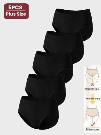 5 adet/paket Kadın Büyük Beden Dikişsiz Yüksek Bel Örme Siyah Külot, Düz Renk Yumuşak Esnek Tam Kapsama Bayan İç Çamaşırı