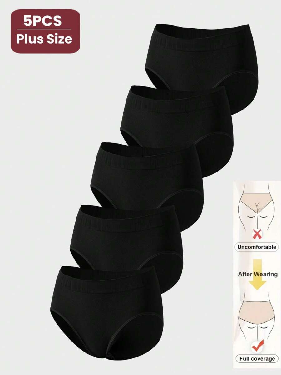 5pcs/Pack Women Plus Size Seamless High Waist Knitted Black Panties, Solid Color Soft Stretchy Full Coverage Ladies Underwear - Black - View 1