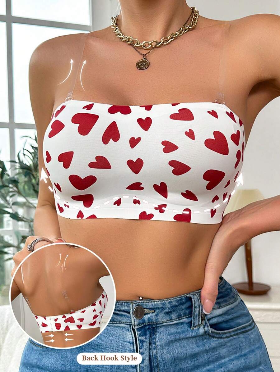 Women's Seamless Strapless Heart Print Non-Slip Bandeau Bra - Red and White - View 1