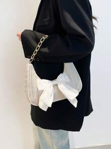 Fashion Solid Color Metal Chain & Straw Crescent Moon Women's Multifunctional Handbag With Bow, Scarf Decoration, Casual Straw Beach Bag, Clutch Purse, Cute Bow Bag For Women