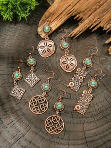 TopHanqi 10pcs/Set Retro Coffee Color Earrings For Women, Bohemian Vintage-Inspired Hollow Out Earrings Featuring Geometric, Sea Star, Animal Designs, Metal Texture, Versatile Daily/Party/Gift Accessory, All-Seasons - Dark Brown - View 13