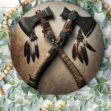 1 件斧头和羽毛圈铁金属墙牌 - 易于悬挂，家庭和花园墙壁装饰，适用于客厅、牧场、礼物、随机孔设计 - 彩色 - 查看 4