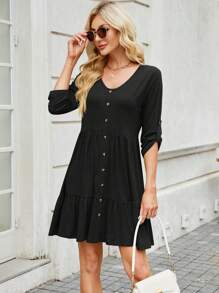 Women's V-Neck Button-Front Babydoll Dress With 3/4 Sleeves And Tiered Ruffle Hem