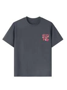 Tween Girl Casual Graphic Print Round Neck Short Sleeve T-Shirt Top For Summer - Dark Grey - View 2