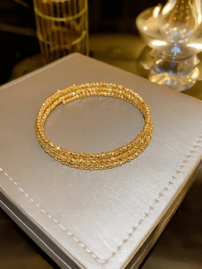 قطعة واحدة سوار يدوي غير متماثل هندسي الأشكال من 3 طبقات/5 طبقات، مطلي بذهب عيار 24 قيراط، مزخرف باللآلئ، أساور لارتداء النوادي اللامعة