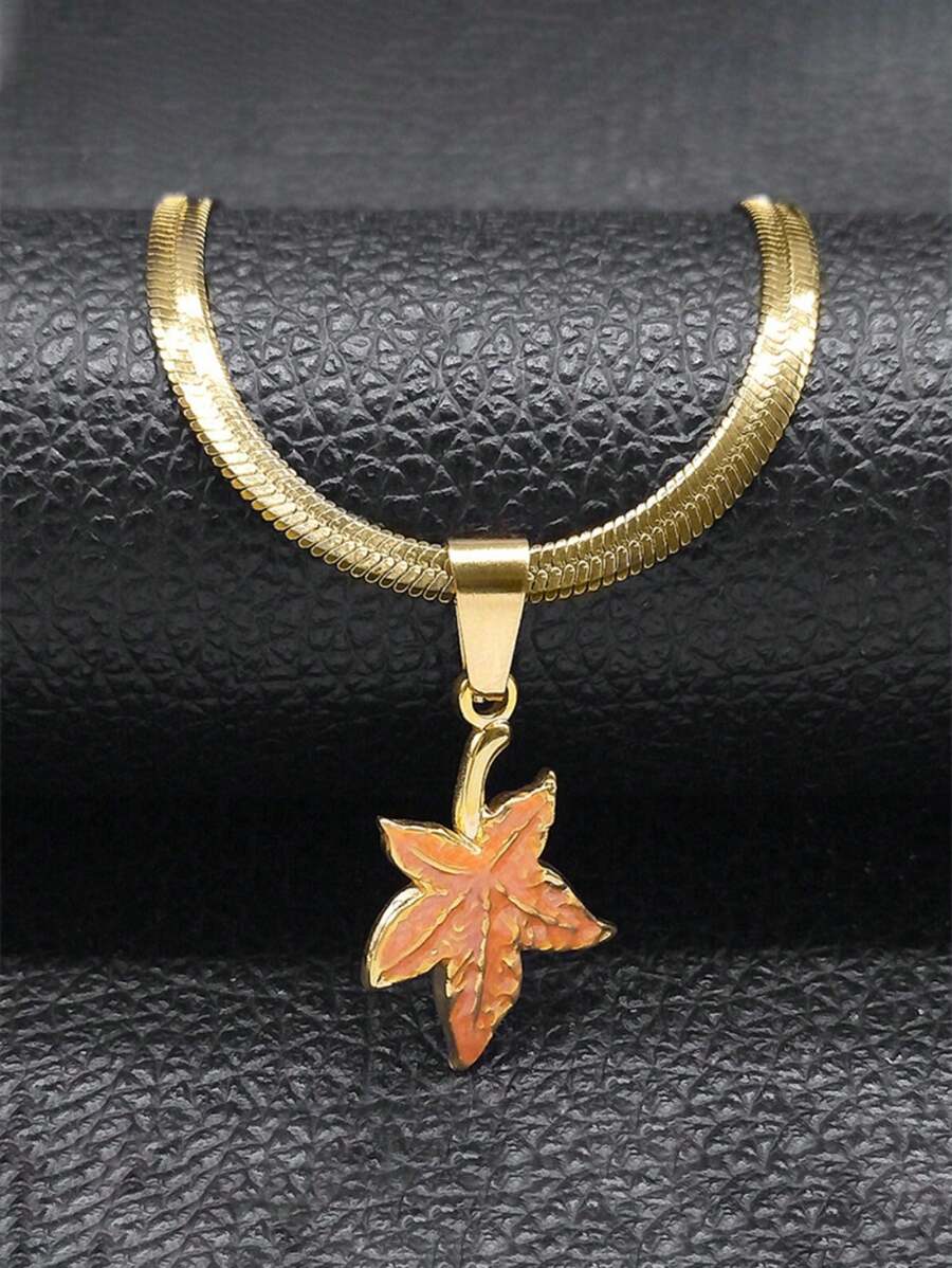 精致绿色枫叶吊坠项链 男女皆宜 不锈钢金色可爱颈链 首饰 - 項鍊 - 查看 1