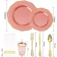 210Pcs Clear Pink Plastic Plates With Gold Rim& Disposable Gold Plastic Silverware &Pink Cups&Hand Napkin- Plum Colored Plastic Dinnerware For Upscale Wedding &Easter&Mothers Day - Pink - View 2