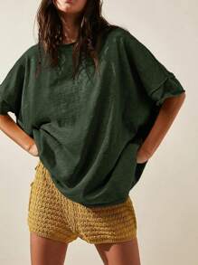 Women's Oversized T Shirt Loose Fit Crew Neck Short Sleeve Side Slit Summer Blouse Top