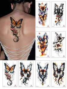8 Sheets Color Flower Butterfly Temporary Tattoo Stickers Rose Butterfly Waterproof Fake Tattoos Human Body Art For Women