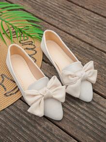 Women Pointy Toe Bow Decor Flats, Elegant Everyday Office Commute Wear, Spring, Beige