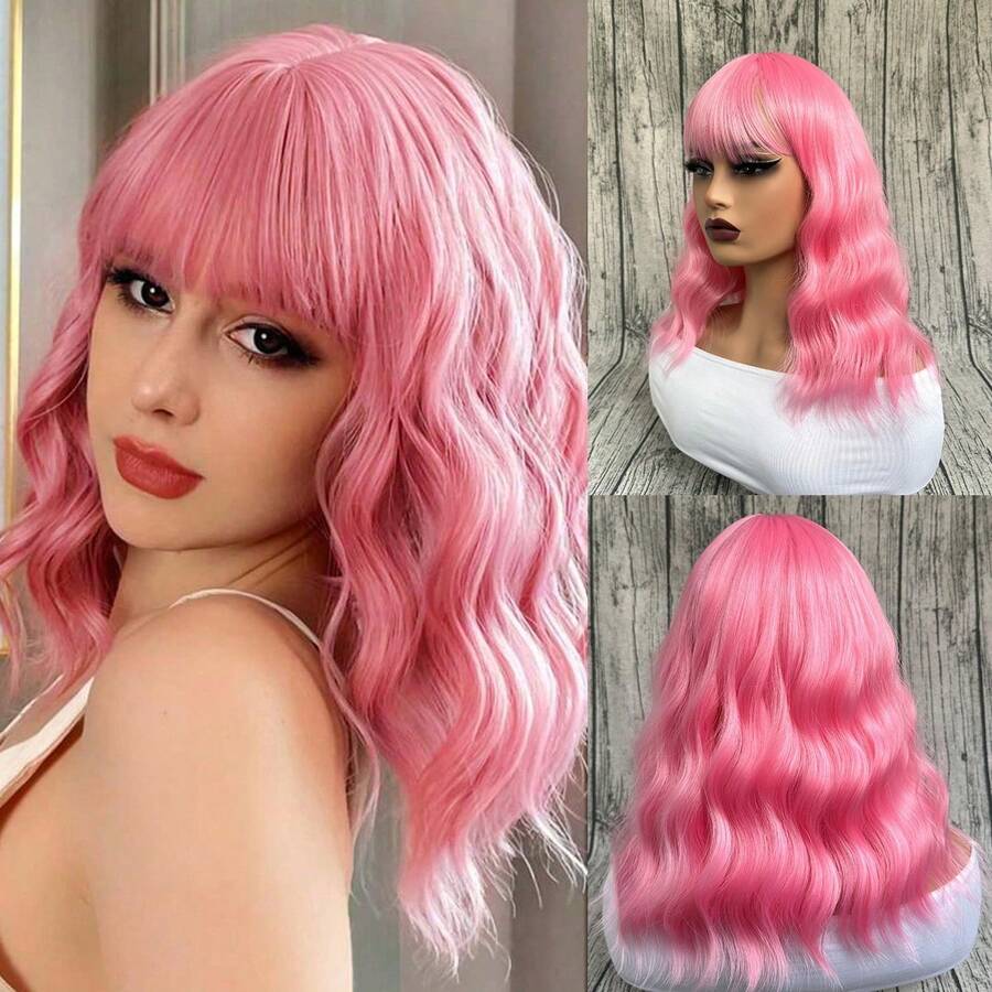 14 Inch Pink Blue Green  White Black Bob Wigs With Bangs For Women Loose Wavy Wig Pastel Wavy Shoulder Length Bob Synthetic Cosplay Wig For Girl Colorful Costume Wigs For Daily Party Use - 粉色 - 查看 1