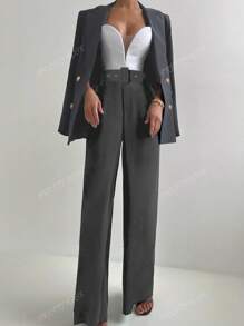 Women's 2pcs Elegant Belted Double-Breasted Blazer Jacket & Elastic Waist Straight Leg Pants Suit Set, Office Work Wear, Fall/Winter, Suitasble For Spring Business Casual