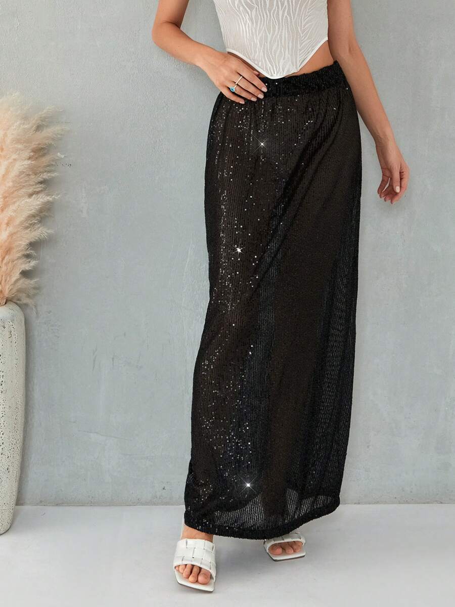 Women's Sequins Long Skirts Low Waist Party Skirts Spring Summer Fashion Casual Skirts Streetwear - 黑色 - 查看 1