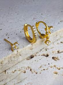 3件套闪亮立方氧化锆耳钉，可爱立方氧化锆耳环，18K镀金不锈钢耳环，蝴蝶花朵耳钉，适合耳骨、耳廓、耳屏穿孔 - 金-1# - 查看 3