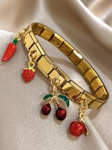 1pc Vintage Cherry Pendant Bracelet, Women's Couples Style, 18K Gold Plated Stainless Steel Strap Bracelet, Mother's Gift, Suitable For Christmas, Thanksgiving, Halloween, Wedding, Rave Party/Dance/Gathering/Daily/Beach Accessories, Anniversary, Valentine's Day, Bohemian Jewelry, Birthday, Bridesmaid Gift - Multicolor - View 12