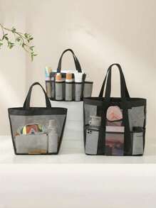 大容量便携式网状沙滩包 - 宽敞的多口袋化妆旅行收纳洗漱包，采用透气设计，加固手柄，适合海滩、泳池、健身房和户外活动