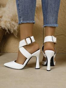 Women's Pointed Toe Stiletto Heel Backless Fashion Champagne/Black/White Sexy High Heel Pumps With Ankle Strap, - White - View 3