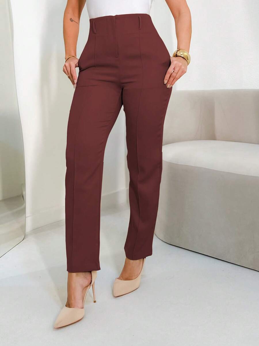 FASHION MO FEMININE - 3283 Tailored Pants, High Waist, With Side Pockets, Straight Leg, Elegant, Formal, Modern, Blogger, Vibrant Colors National Shipping New Collection - Burgundy - View 1