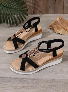 Sandales compensées et à plateforme de 5,5 cm de style vintage pour femmes, sandales bohèmes noires à perles et corde de fond pour l'été 2025 , chaussures de vacances