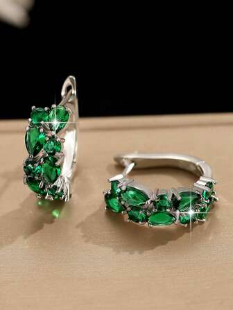 1對華麗的綠色立方鋯鑲嵌的優雅時尚圓形裝飾耳環,奢華派對珠寶,適合女性