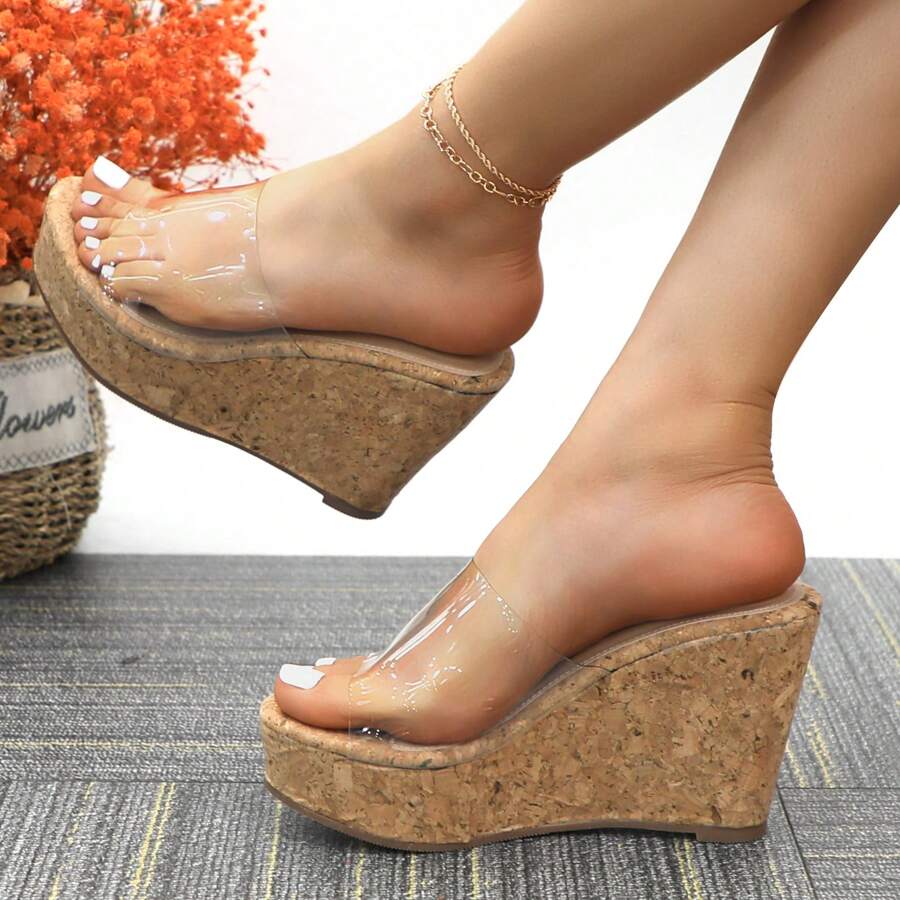 Women Beach Dressy Summer Slippers Wedge Heels Girls Casual Lucite Transparent Strap Cork Platform Slide Sandals MILO-1 - Nút chai - Xem 1