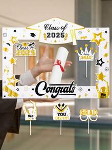 1 Set de Marco de Foto de Graduación Blanco y Dorado, Adecuado para Felicitar a Graduados de 2025, Decoración de Fiesta de Graduación, Accesorios de Foto de Graduación 2025, Decoración de Foto, Decoración de Fondo de Pared