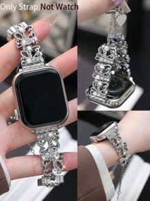 1pc Fashion Apple WatchBand Watch Strap Silver Bracelet Women,Geometric Floral Openwork Rhinestone Pattern Design Perfectly Fits The Wrist,Rhinestone Metal Shiny Strap, Compatible With Apple Watch Series 10/9/8/7/SE/6/5/4, 38mm 40mm 41mm 42mm 44mm 45mm 46mm 49mm, Smart Watch Strap, Bracelet Wristband Suitable For Her Gifts, Gifts To Friends,Adjustable AppleWatch Band