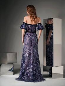 Women's Glamorous Off Shoulder Sequin Butterfly Decor Formal Dress - Dusty Blue - View 3