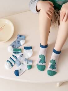 5 Pairs Kids Cartoon Dinosaur Mesh Net Mid-Calf Socks, Breathable Moisture Wicking Suitable For Daily Wear, Spring/Summer