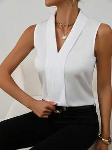 女士 V 领无袖纯色休闲上衣